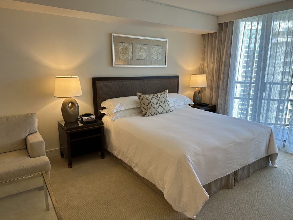 A bedroom in the Trump International Hotel Waikiki.